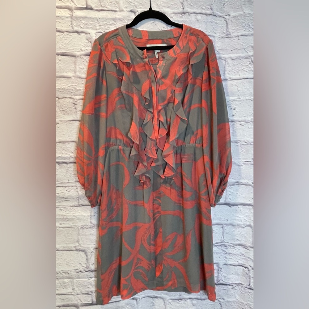 Max & Cleo Ruffled Pink and Gray V-Neck Dress